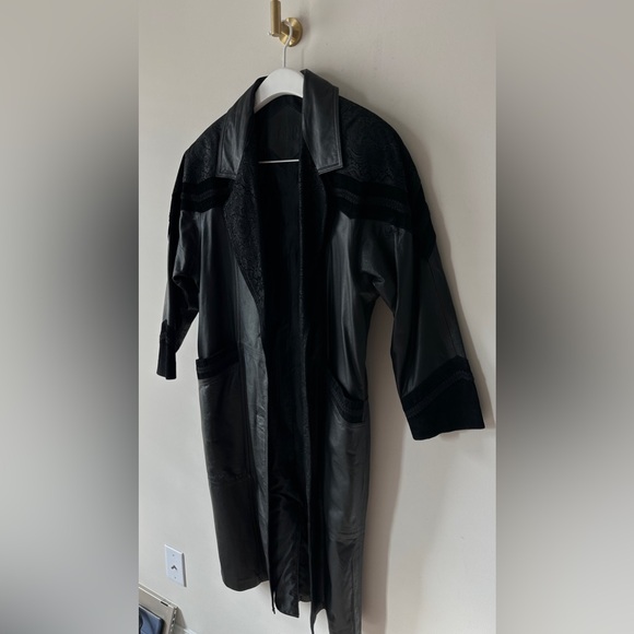 Vintage Black Contrasting Genuine Leather Trench Coat By Gitano Size S - Picture 5 of 13